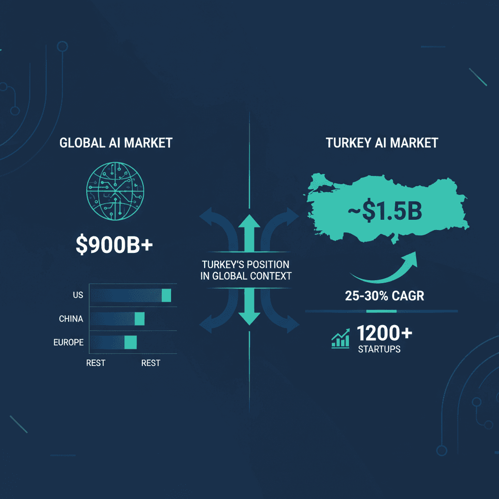 Küresel AI pazarı ve Türkiye karşılaştırması — pazar büyüklüğü, büyüme oranı ve startup sayıları