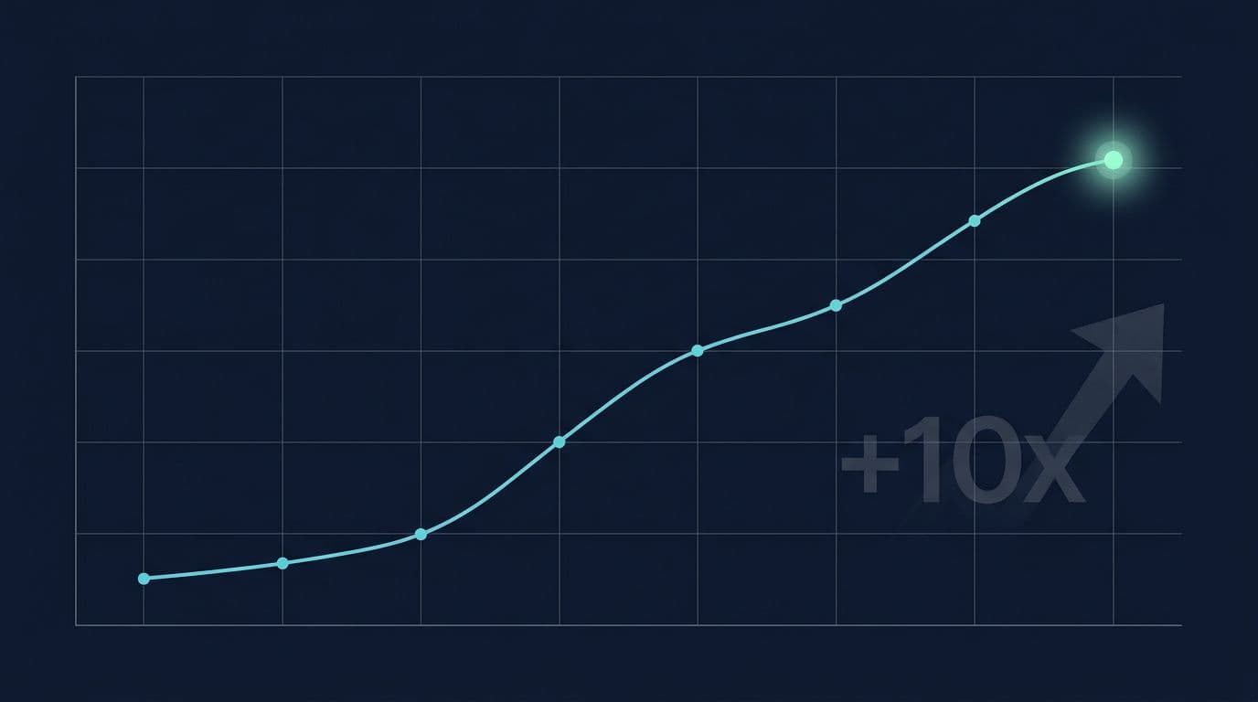Sheltron Beşiktaş butik mimarlık ofisi 8 haftalık AI mention rate trendi: line chart, sol altta %5 başlangıç, sağ üstte %51 peak, son veri noktasında turkuaz glow + +10x büyüme vurgusu.