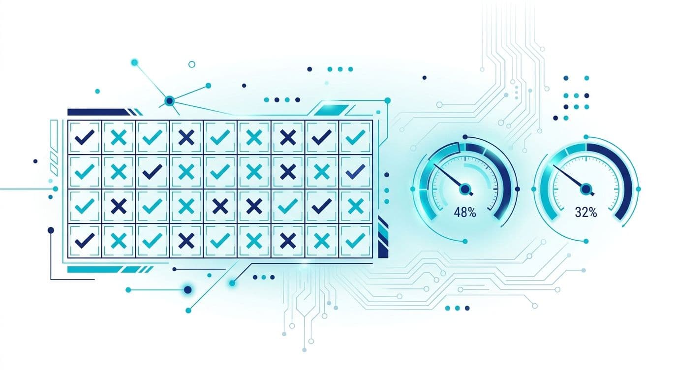 Sheltron 30-sorgu Türkçe benchmark testi: 10x3 grid matrisi + iki adet skor metresi %48 ve %32