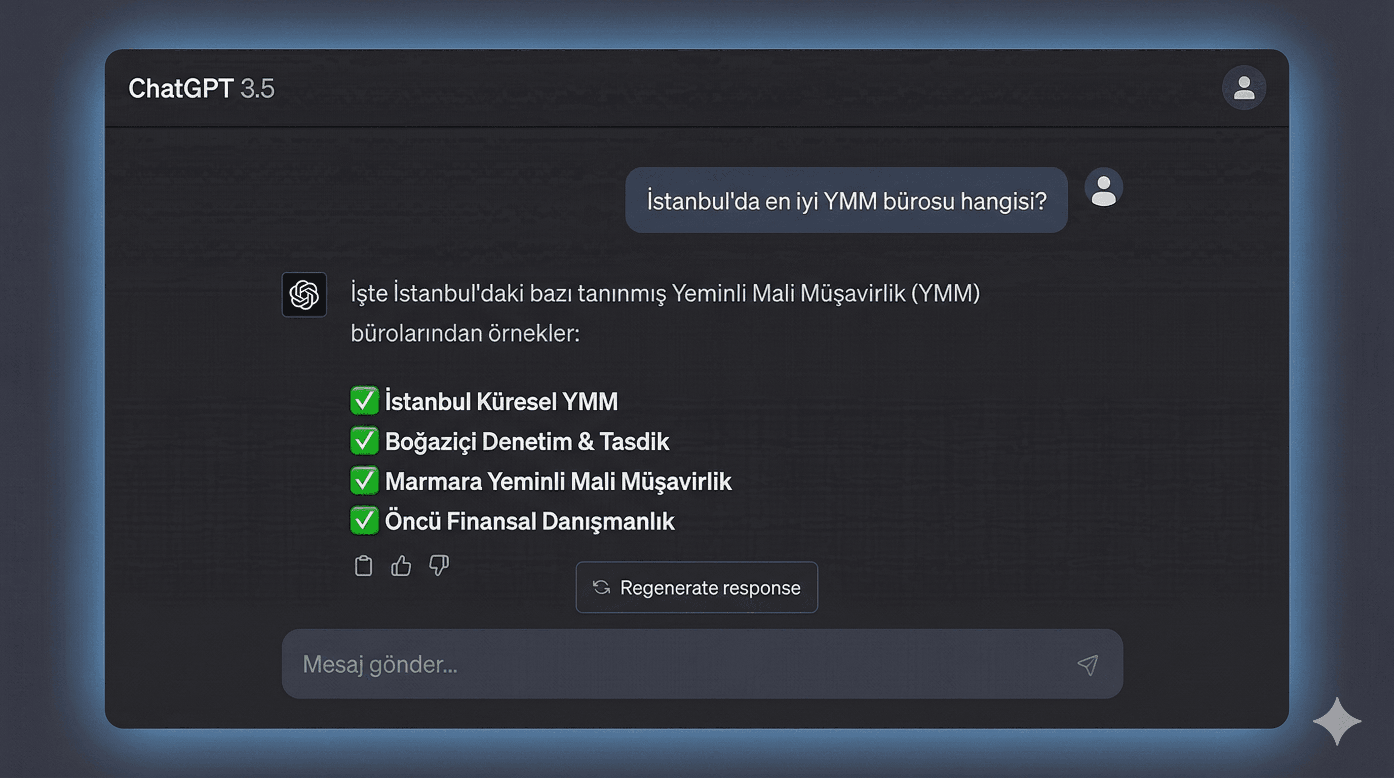 ChatGPT'ye İstanbul YMM bürosu sorgusu — 4 rakip büro öneriliyor